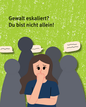 Gewalt eskaliert? Du bist nicht allein! Person die ängstlich frontal schaut, hinter ihr Umrisse von Personen