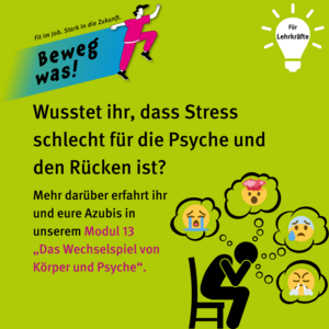 Für Lehrkräfte: Wusstet ihr, dass Stress schlecht für die Psyche und den Rücken ist? Mehr darüber erfahrt ihr und eure Azubis in unserem Modul 13 "Das Wechselspeil von Körper und Psyche". Bild von sitzender Figur, die sich an den Kopf greift, daneben verschiedene Gedanken, die die Emotionen Trauer, Wut, Sorge und Staunen