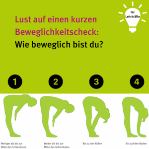 Lust auf einen kurzen Beweglichkeitscheck? Wie beweglich bist du? 1: Bei einer Vorwärtsbeuge kommst du mit deinen Händen nicht über die Hälfte deines Schienbeins. 2: Bei einer Vorwärtsbeuge schaffst du es ein bisschen weiter als bis zu Mitte deines Schienbeins. 3: Bei einer Vorwärtsbeuge schaffst du es mit den Händen bis zu deinen Knöcheln. 4: Bei einer Vorwärtsbeuge schaffst du es, deine Hände flach am Boden abzulegen
