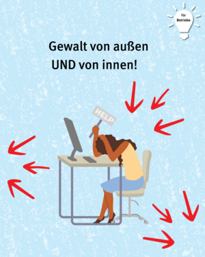 Für Betriebe: Gewalt von außen und von innen! Bild einer Person am Schreibtisch, die ihren Kopf vor symbolischer Gewalt schützt