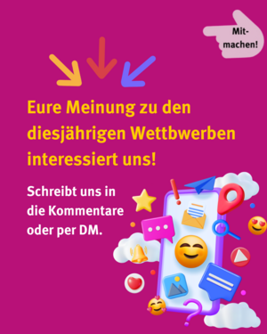 Mitmachen! Eure Meinung zu den diesjährigen Wettbewerben interessiert uns! Schreibt und in die Kommentare oder per DM. Bild von Smartphone mit verschiedenen App-Icons wie SMS, Like, Klingel, Smiley