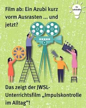 Für Lehrkräfte: Film ab: Ein Azubi kurz vorm Ausrasten ... und jetzt? Das zeigt der JWSL-Unterrichtsfilm "Impulskontrolle im Alltag"! Grafische Darstellung eines Kamerateams, im Fokus ein Azubi der durch ein Megafon schreit