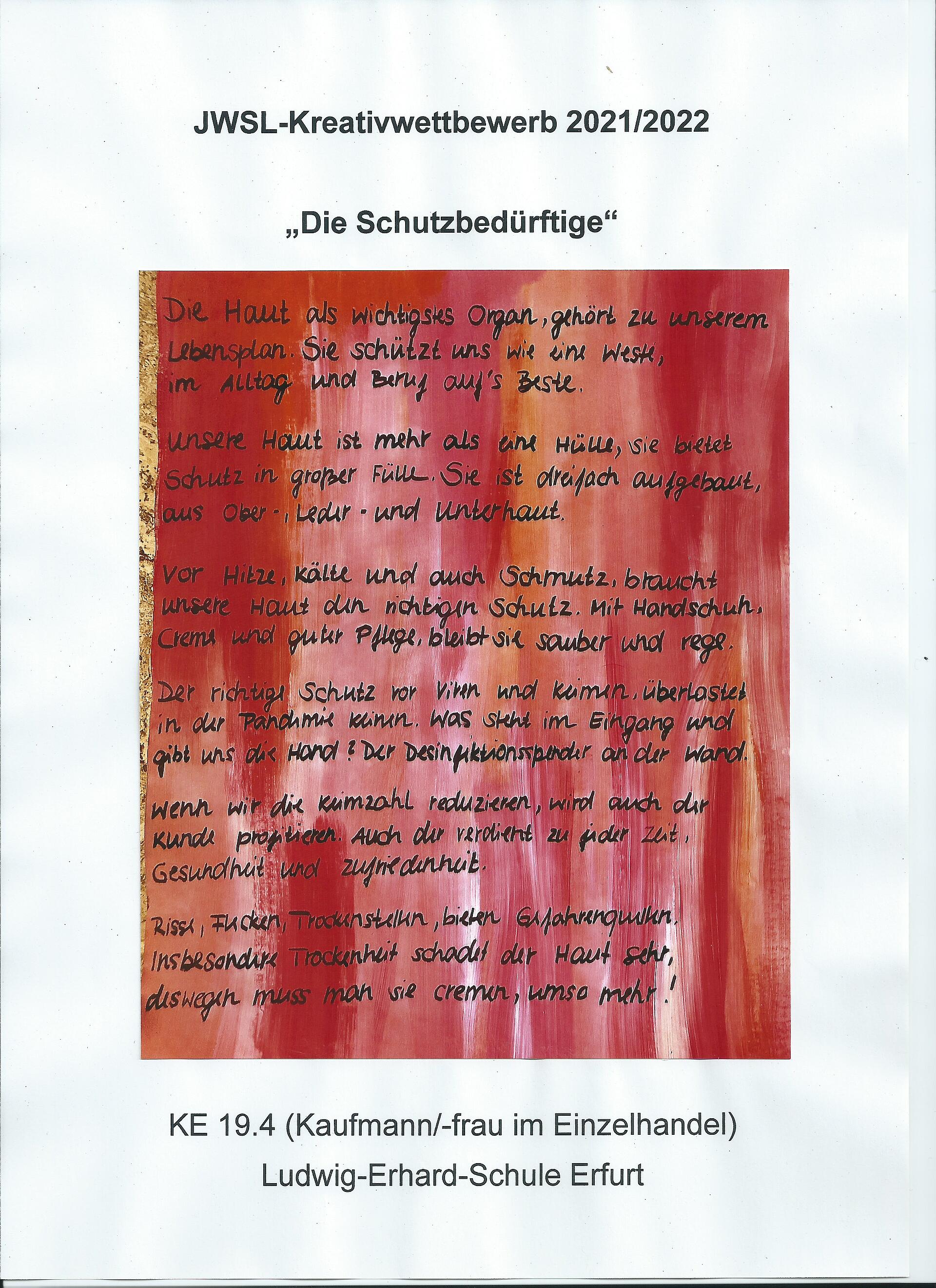 Plakat mit einem Hautschutzgedicht auf rotem Hintergrund mit dem Titel "Die Schutzbedürftige"