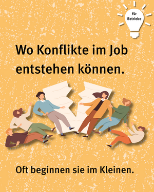 Für Betriebe: Wo Konflikte im Job entstehen können. Illustration von Personen  die außeinanderfallen, dahinter ein zerrissenes Blatt