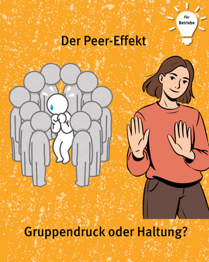 Für Betriebe: Der Peer-Effekt. Gruppendruck oder Haltung? Bild von Person die bedrängt umzingelt von einer Gruppe Personen in der Mitte steht und sich sichtlich unwohl fühlt.