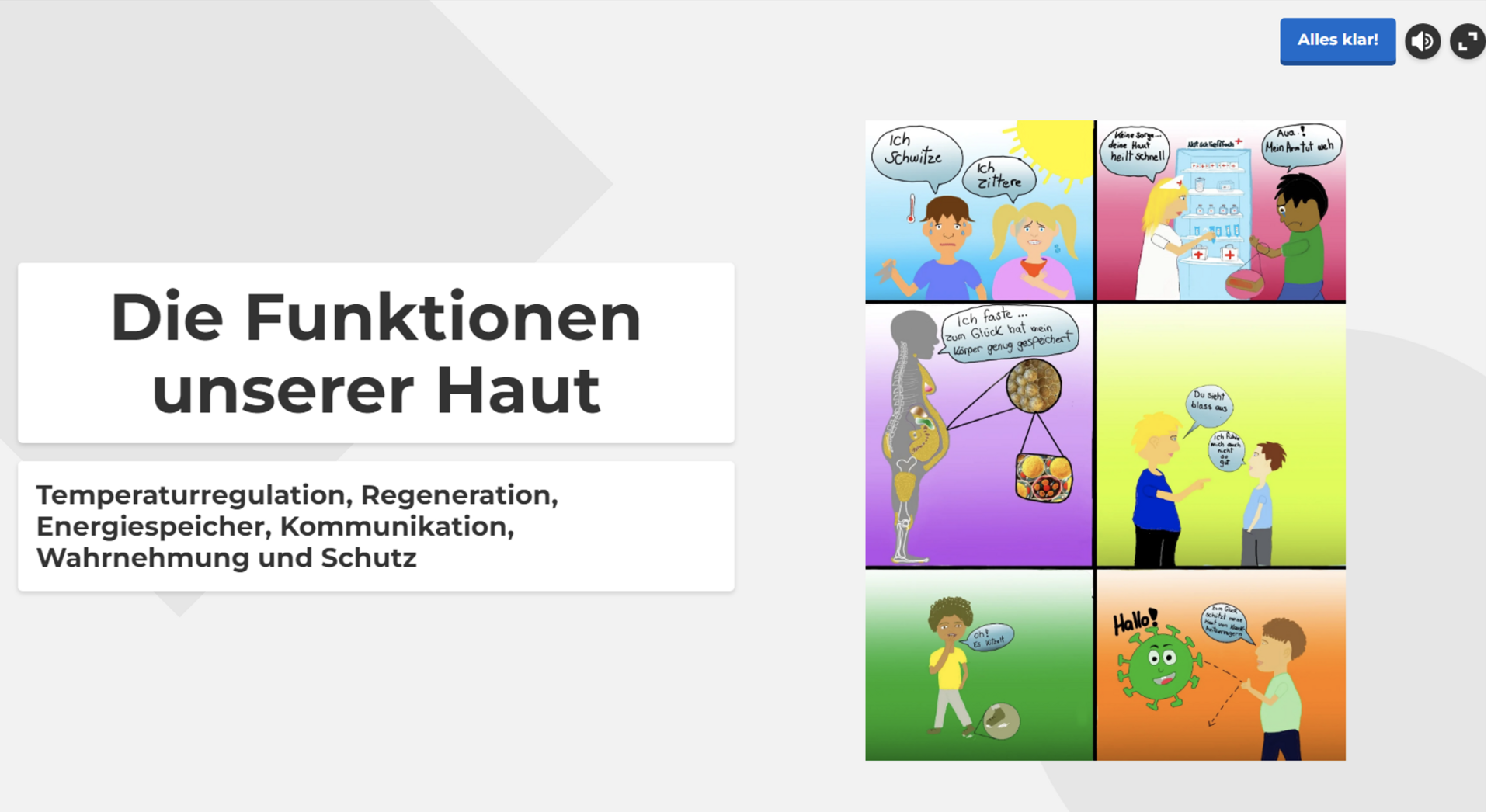 Titelbild des Kahoot-Quiz "Die Funktionen unserer Haut" mit einem selbstgezeichneten Comic über virale Ansteckungsgefahr