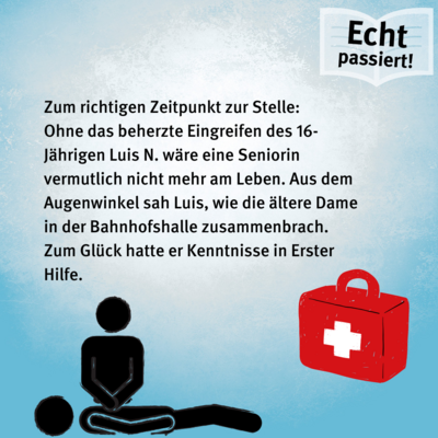 Zum richtigen Zeitpunkt zur Stelle: Ohne das beherzte Eingreifen des 16-Jährigen Luis N. wäre eine Seniorin vermutlich nicht mehr am Leben. Aus dem Augenwinkel sah Luis, wie die ältere Dame in der Bahnhofshalle zusammenbrach. Zum Glück hatte er Kenntnisse in Erster Hilfe.