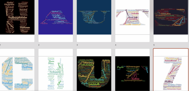 Auf dem Bild ist eine Collage zu sehen, die aus 10 Bildern besteht. Die einzelnen Bilder stellen Buchstaben dar, die aus Wörtern rund um das Thema Haut und Hautschutz gebaut wurden. Alle Buchstaben zusammen ergeben das Wort "Hautschutz"