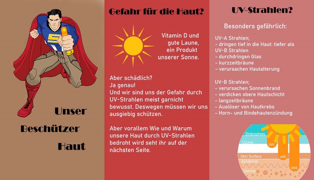 Roter Hautschutz-Flyer mit Superman-Figur und Überschrift "Unser Beschützer Haut"