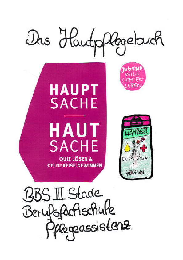 Titelbild des Hautpflegebuchs mit Ausschnitt des Logos und Zeichnung eines Handgels