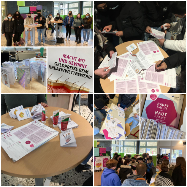 Auf dem Bild ist eine Collage an mehreren Bildern zu erkennen. Hierbei handelt es sich um Bilder, die von einer Schulklasse an einem Informationstag der JWSL gemacht wurden zum Thema "Hauptsache Hautsache"