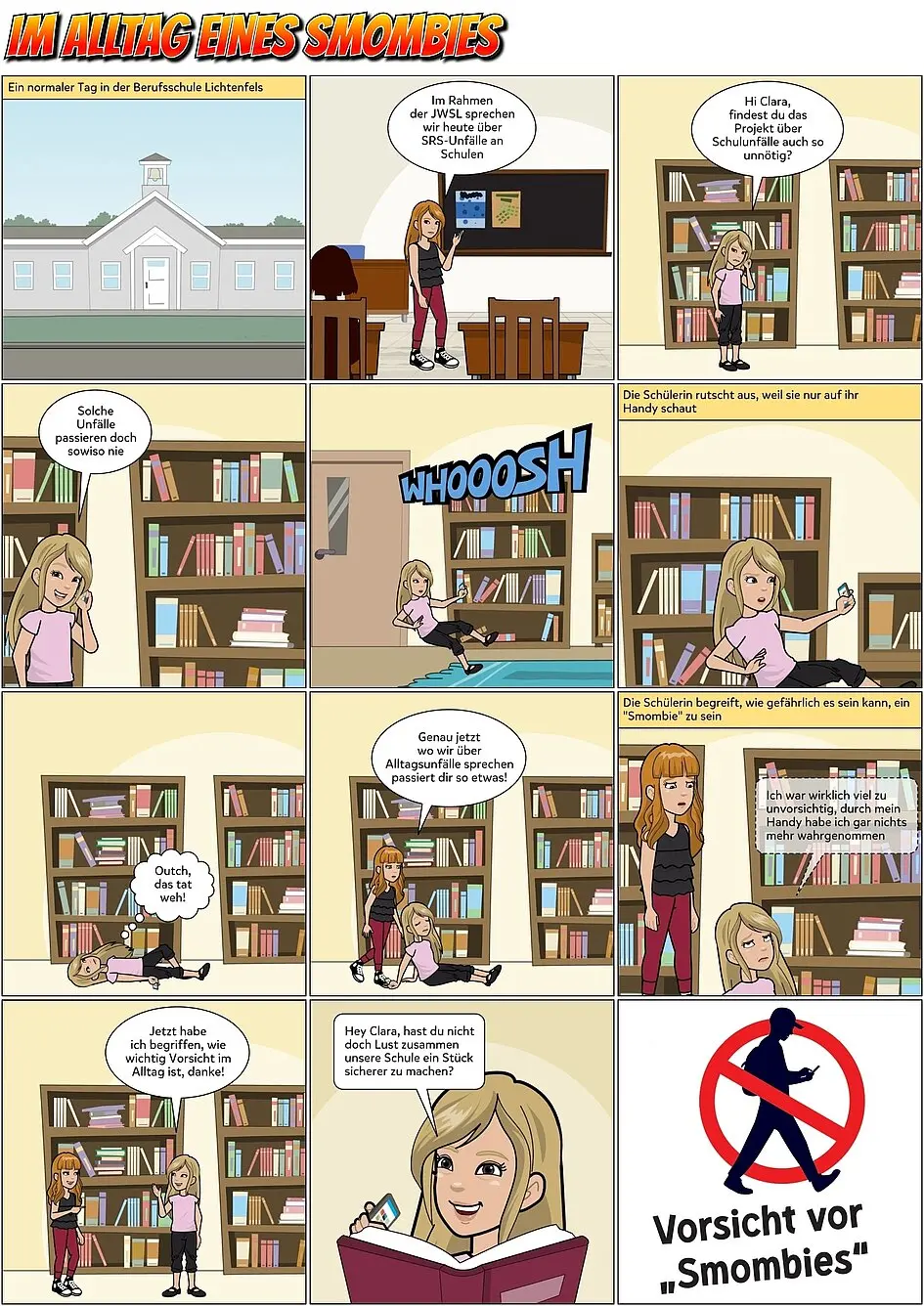 Das Bild mit dem Titel "Im Alltag eines Smombies" zeigt ein Comic-Ausschnitt, in dem zwei Mädchen in einer Bibliothek sind und ein Mädchen aufgrund ihres Handys einen Unfall hat.