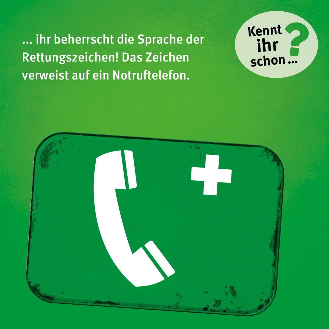 ... ihr beherrscht die Sprache der Rettungszeichen! Das Zeichen verweist auf ein Notruftelefon. Das Rettungszeichen besteht aus einem weißen Kreuz und einem Telefonhörer links davon.
