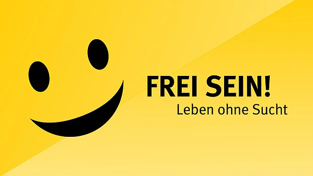 Logo Programmjahr 2019/20: Smiley auf gelb, "Frei sein! Leben ohne Sucht"